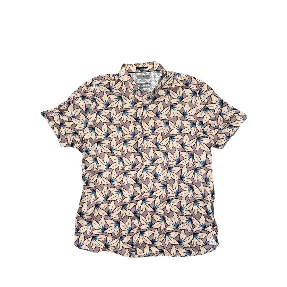 Ted Baker London Cotton Short Sleeve Button-Up Tan Leaf Shirt Men Size Small 6